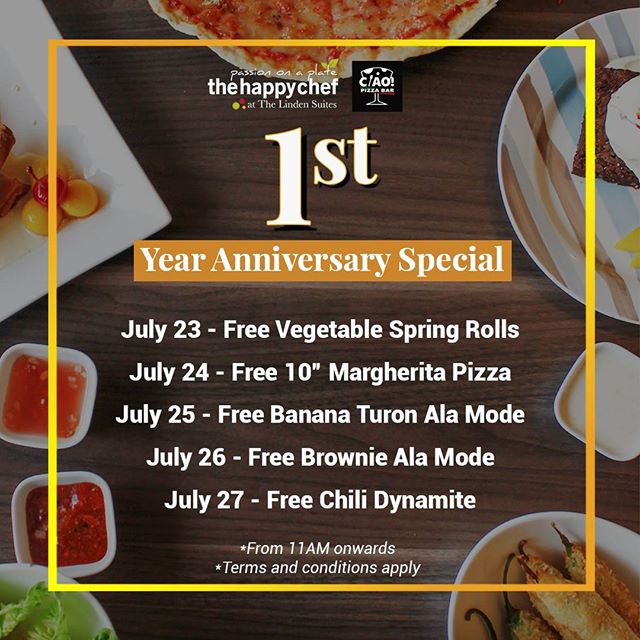 We are 1 year old and we owe this all to you! Join us for 
a week-long celebration and complimentary dishes await you from 11AM onwards! *Terms and Conditions:
- Promo runs from July 23-27 only
- Promo is valid for dine-in only
- With minimum order o
