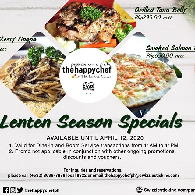 Too Blessed to be stressed.

Special menu for this Lenten season now available here at The Happy Chef.

Dine with us!
2/F The Linden Suites
37 San Miguel Ave.
Ortigas, Pasig City

#thehappychef #ciao #lentenspecial