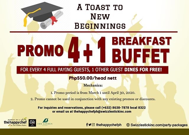 Congratulations - you've just graduated!

If you&rsquo;re looking for somewhere special to celebrate your graduation, look no further! We have a wonderful breakfast buffet promo.

Come and celebrate your success with us!
2/F The Linden Suites
37 San 