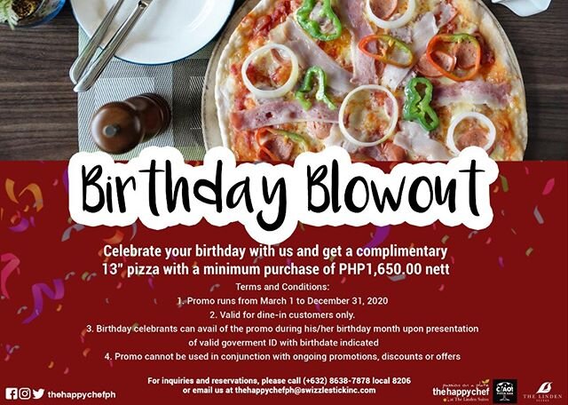Enjoy a month long birthday treat on your birthday month! So what are you waiting for? Indulge your precious time at thehappychef. See you there!

Dine with us!
2/F The Linden Suites
37 San Miguel Ave.
Ortigas, Pasig City

For reservations and inquir