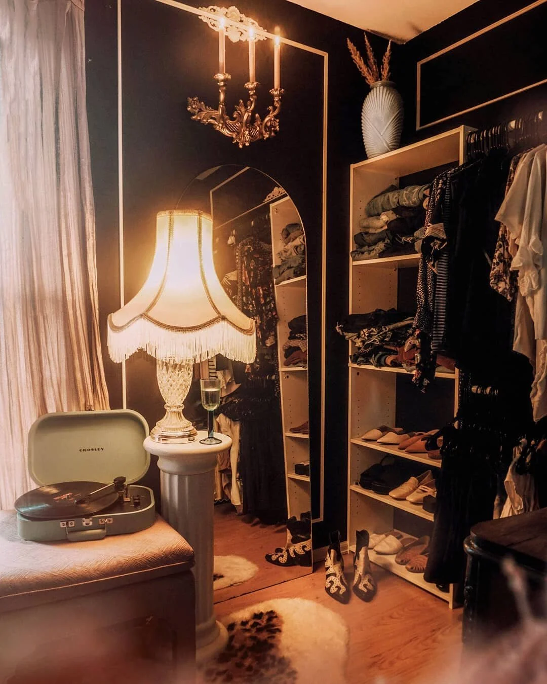 I'm sure some people think that my style and the way I do interiors is &quot;a lot&quot; lol, but you know what, it's the little things that turn the mundane into something special. I lit up my vintage candelabra, put on a record and poured a little afternoon glass of wine, and suddenly hanging up my clothes and cleaning up my closet on this gloomy afternoon wasn't so bad. I think this little moment was actually the highlight of my day, and that's what this is all about friends! No rules or logic, just surrounding yourself and filling your home with little things that make everyday feel extraordinary 
&hearts;️ Just feeling emotional and grateful!
.
.
.
.
.
.
.
.
.
.
.
.
.
.
.
.
.
.
#howyouhome 
#myplantaesthetic 
#apartmenttherapy 
#dominomag 
#urbanjunglebloggers 
#plantsmakepeoplehappy 
#myhygeehome 
#hometohave 
#currenthomeview 
#inmydomaine 
#currentdesignsituation
#hgtv
#showmeyourboho 
#showemyourstyled 
#homeinspo
#hgtvstyle
#hgtvhome
#bedroomdecor
#darkbedroom
#hunkerhome