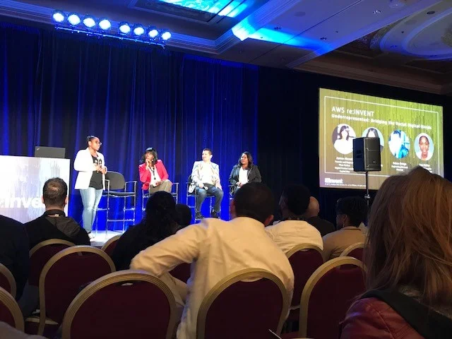 Tara Walker led a panel at re:Invent 2017 to discuss how best to champion diversity and inclusion in tech. Panelists included Asmau Ahmed, the founder of visual recognition startup Plum Perfect and enterprise digital strategist at Capital One; Molly Q. Ford, the director of global equality programs at Salesforce; and Ruben Ortega, engineering site lead at Pinterest.
