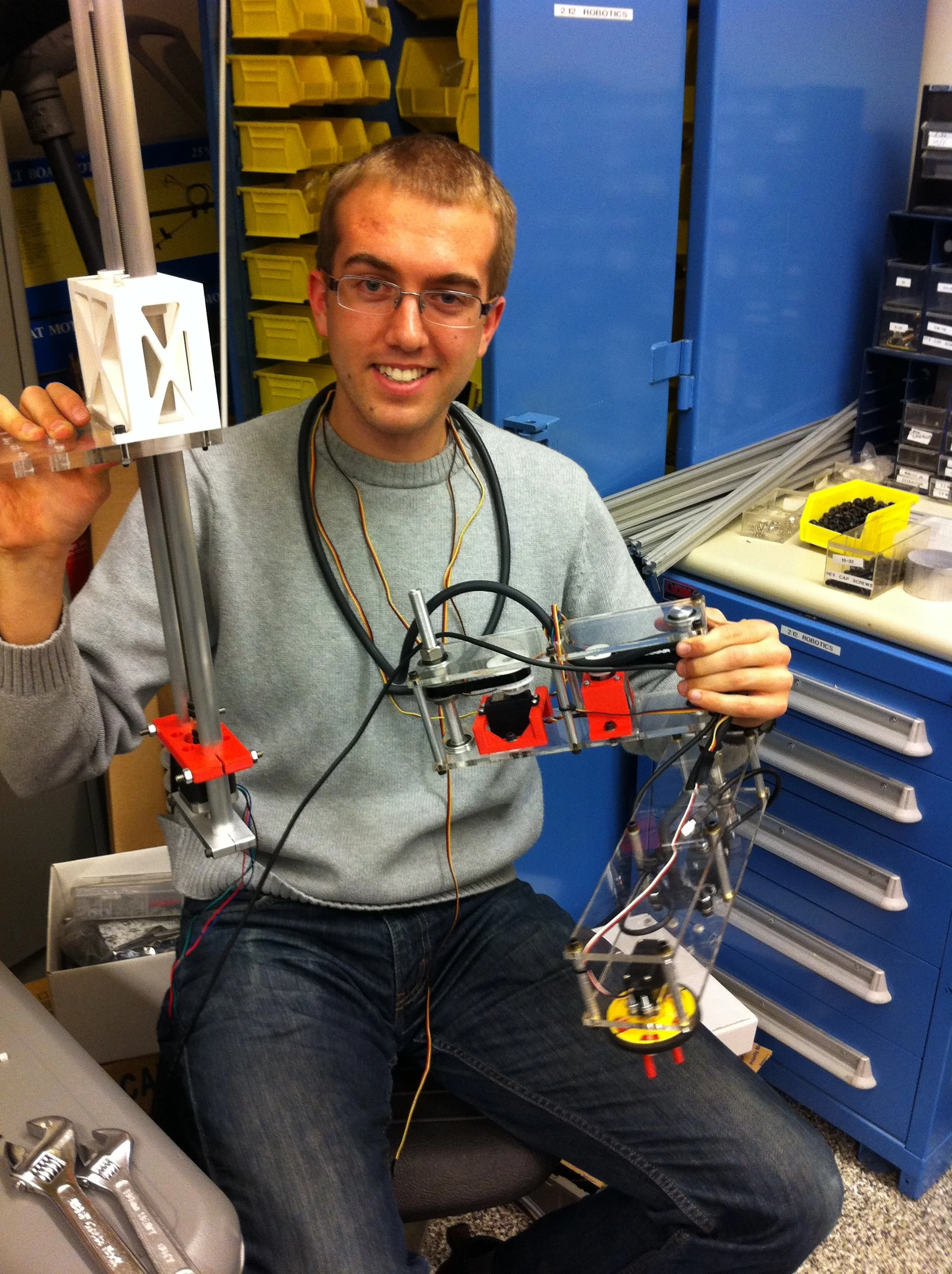  For the MIT 2.12 robotics class I led our team in designing and building our robotic manipulator that particpated in the final competition. I used a long, prismatic actuator to give us plenty of Z travel and two stepper-motor controlled rotary joint