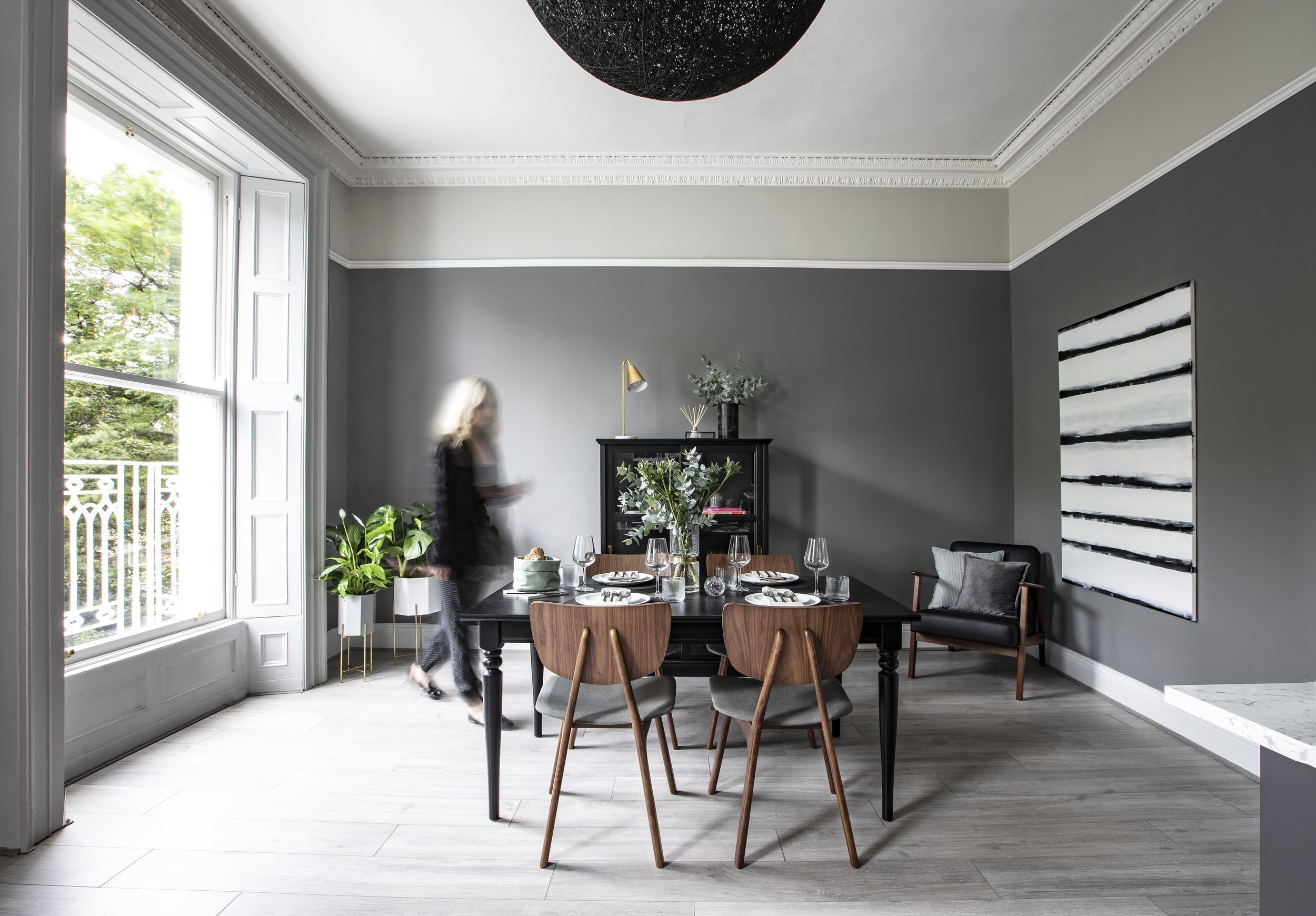 grey dining room French window shutters and ceiling border
