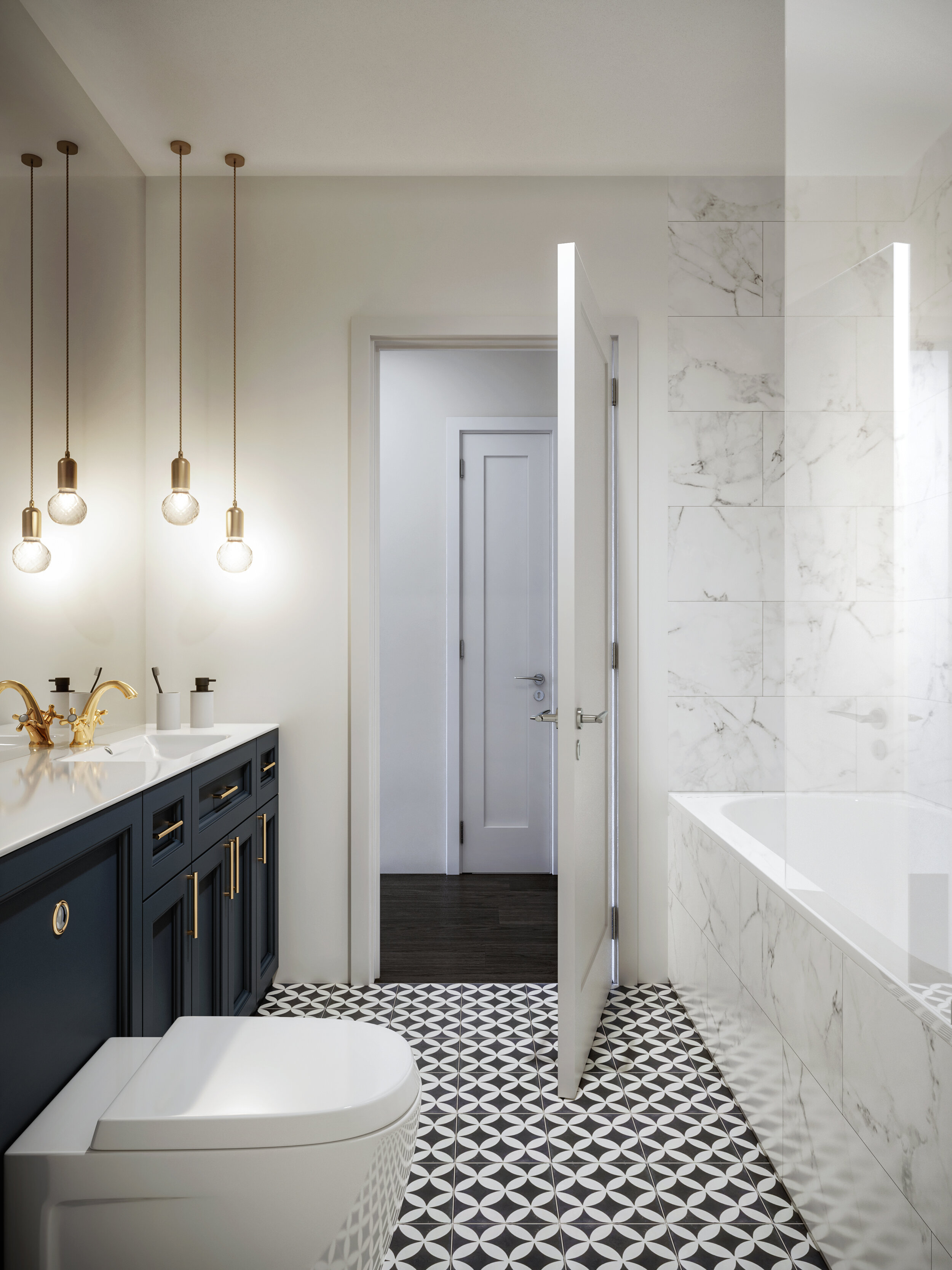 white and dark blue bathroom with hanging bulb lights