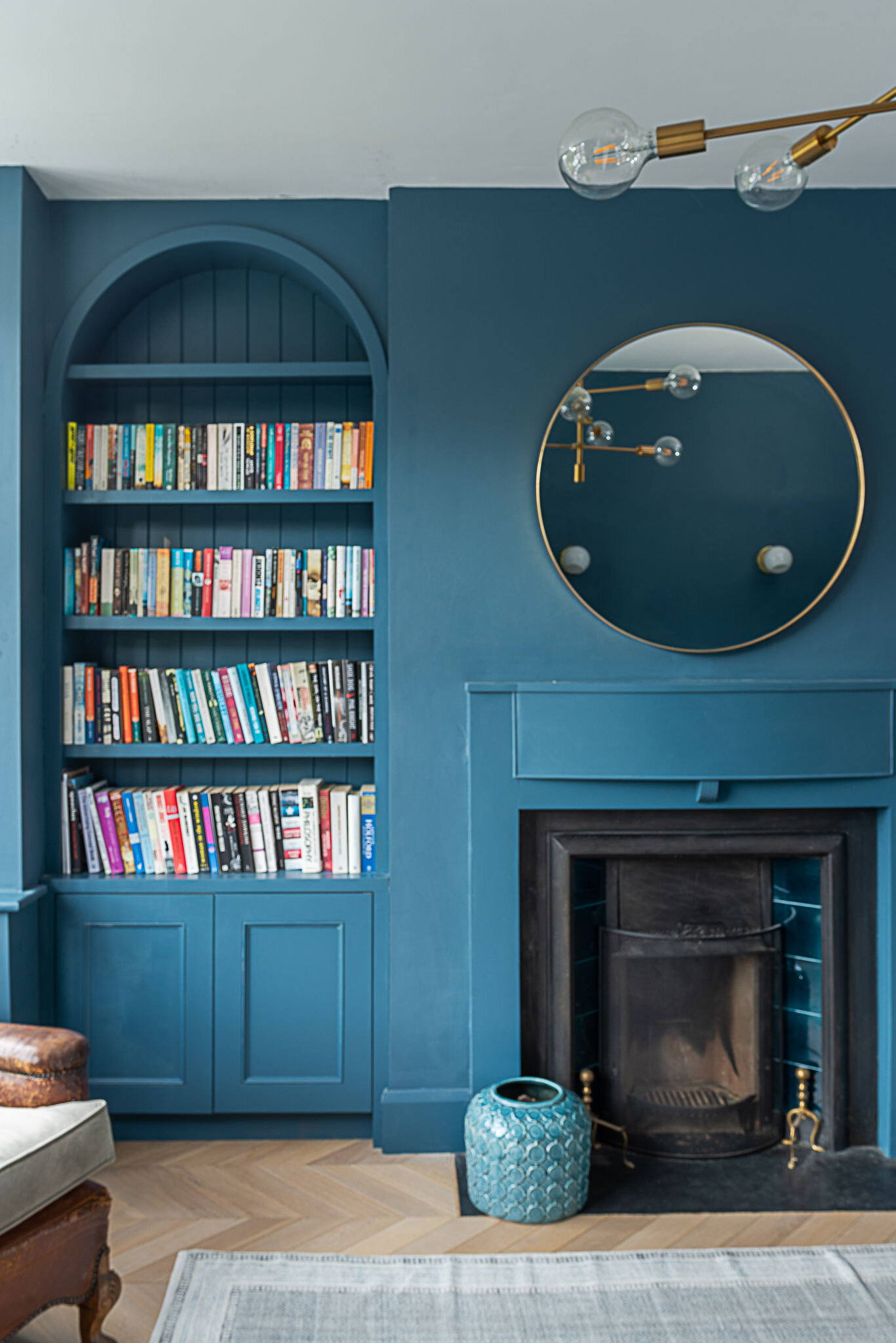 blue arch recessed bookshelf