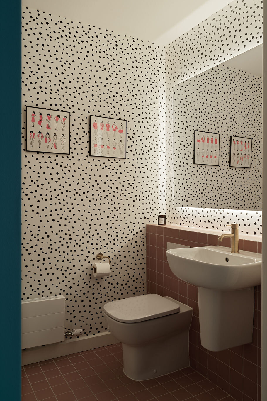 dotted bathroom wall, floating sick