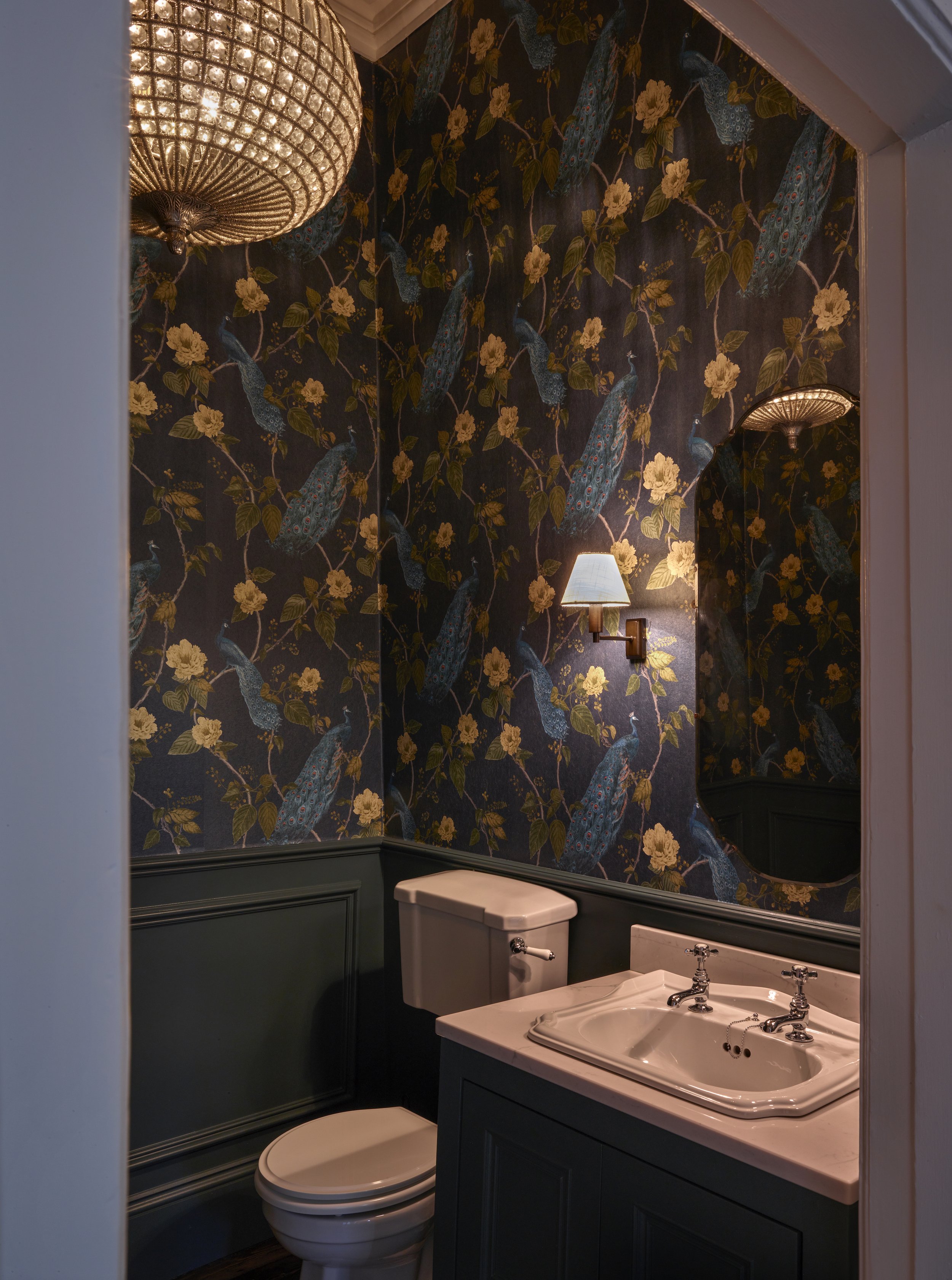 dark blue wallpaper bathroom