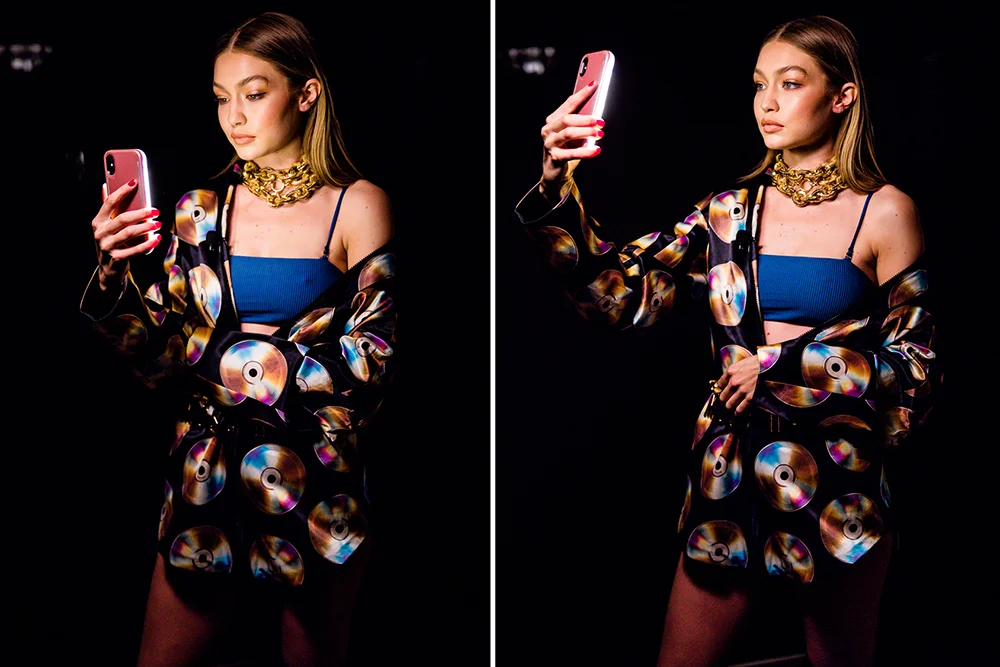 The #HMOSCHINO collaboration was revealed at Jeremy Scott's and Moschino's annual desert party in Palm Springs. To announce the upcoming collection, Gigi Hadid broadcasted live on Instagram. Here she is minutes before taking the stage with Jeremy Sc…