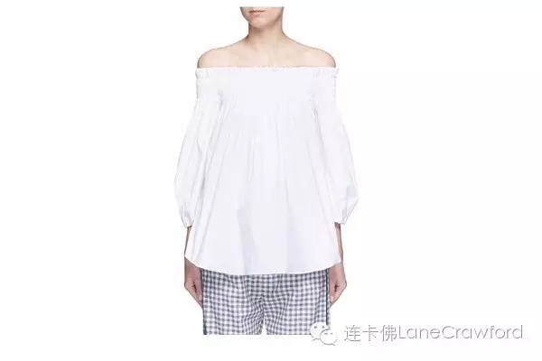 CAROLINE CONSTAS 碎褶一字领露肩混棉上衣