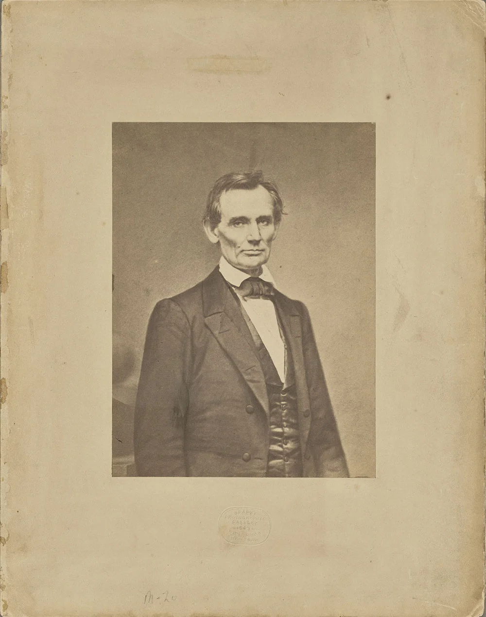 Abraham Lincoln, February 1860, Mathew B. Brady (American, about 1823 - 1896). Salted paper print. Image: 19.5 × 14.4 cm (7 11/16 × 5 11/16 in.). The J. Paul Getty Museum, Los Angeles