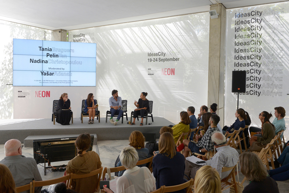 Panel discussion with Tania Bruguera, Pelin Tan, and Nadina Christopoulou, moderated by Yašar Adanalí for the IdeasCity Athens 2016 – Public Conference. Courtesy: ΝΕΟΝ + New Museum, New York; photograph: © Panos Kokkinias