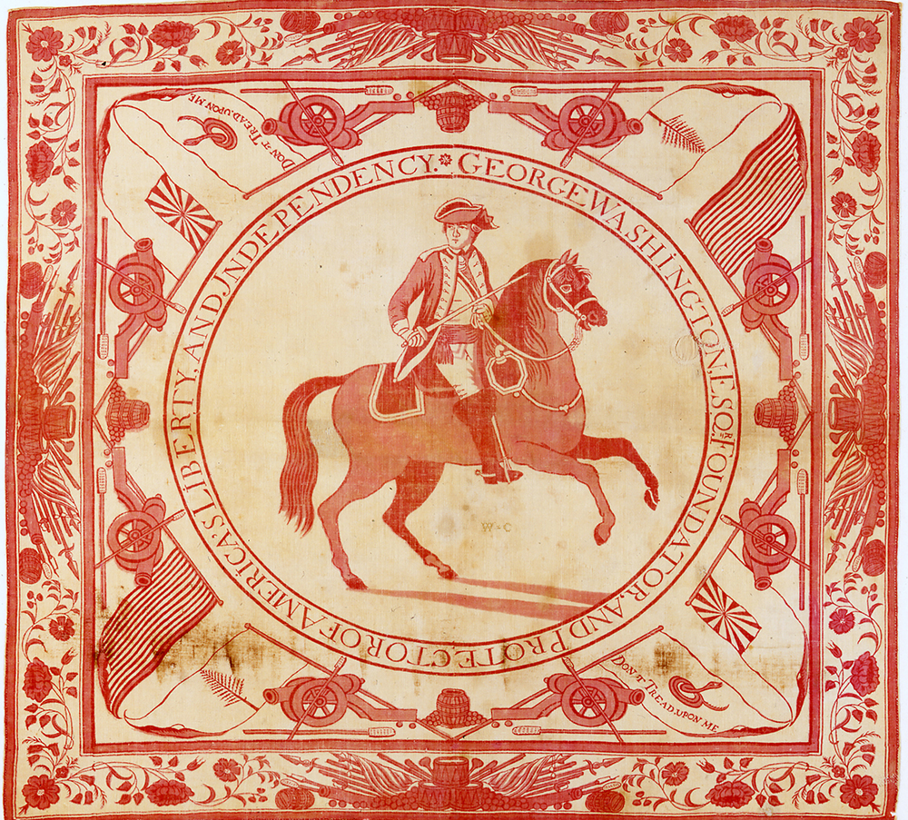 Portrait of General George Washington on a linen kerchief, attributed to John Hewson, Philadelphia, 1776–77. Photography © New-York Historical Society