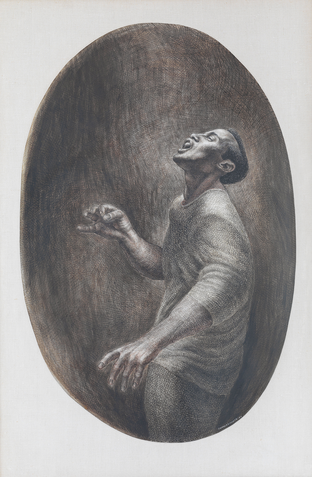 Charles White. Folksinger. 1957. Ink on board. 52 × 34″ (132.1 × 86.4 cm) Collection Pamela and Harry Belafonte © 1957 The Charles White Archives. Photo Credit: Christopher Burke Studios