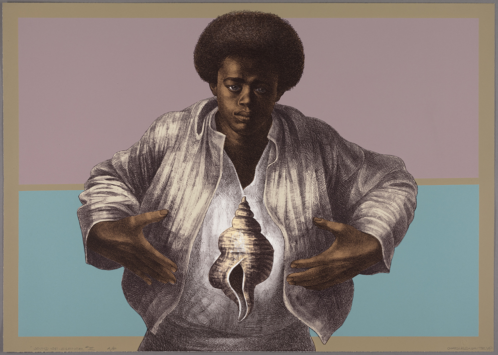 Charles White. Sound of Silence. 1978. Printed by David Panosh, Published by Hand Graphics, Ltd. Color lithograph on paper. 25 1/8 × 35 5/16″ (63.8 × 89.7 cm) The Art Institute of Chicago. Margaret Fisher Fund. © 1978 The Charles White Archives.