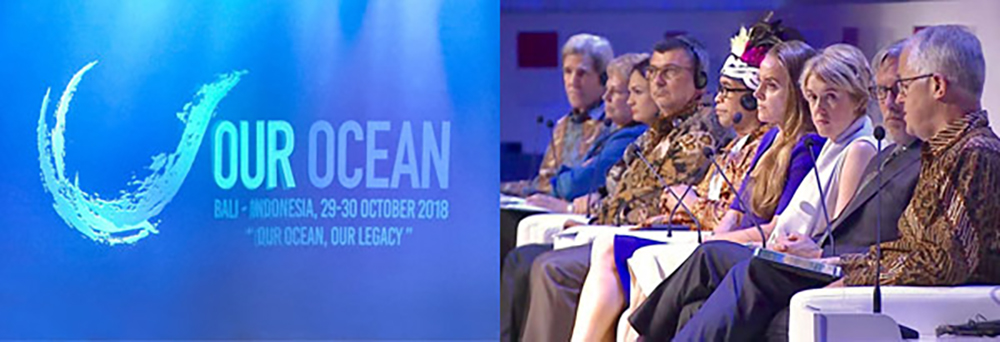 Our Ocean 2018. John Kerry, Dr. Jane Lubchenco, H.E. Philippe Germain (President of New Caledonia), H.E. Isabel De Saint Malo de Alvarado (Vice President of the Republic of Panama), Abraham Goram, Dona Bertarelli, Dr. Fanny Douvere. / Our Ocean 2018