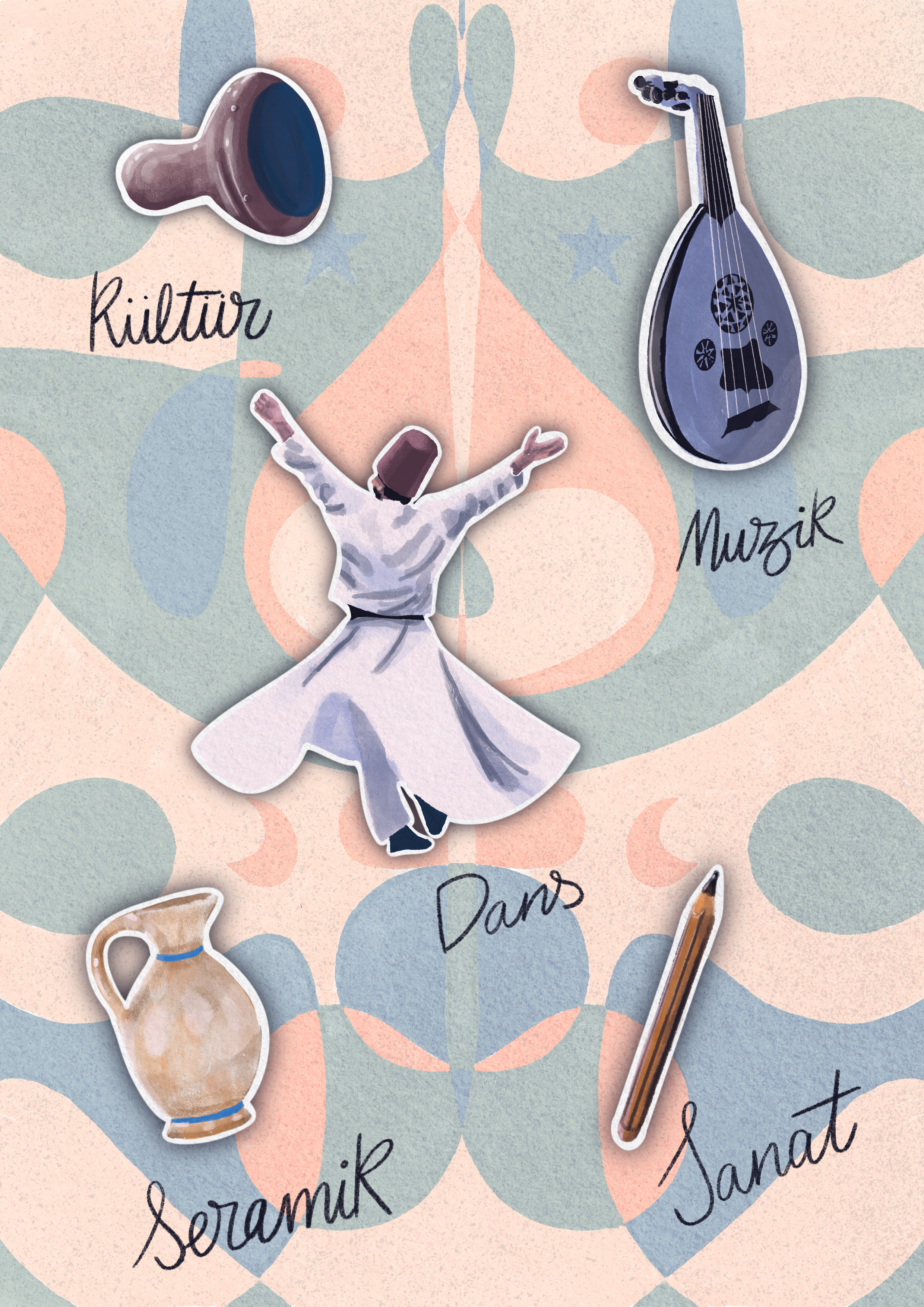 illustrations poster designed in procreate. It represents the different disciplines of art in the Turkish culture