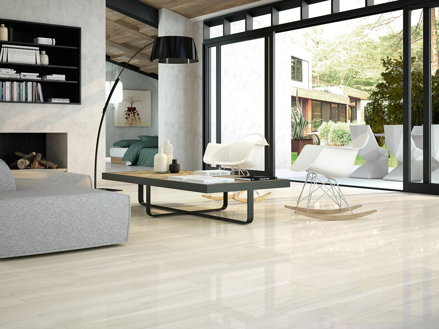 Polished White Wood Effect Porcelain Tiles
