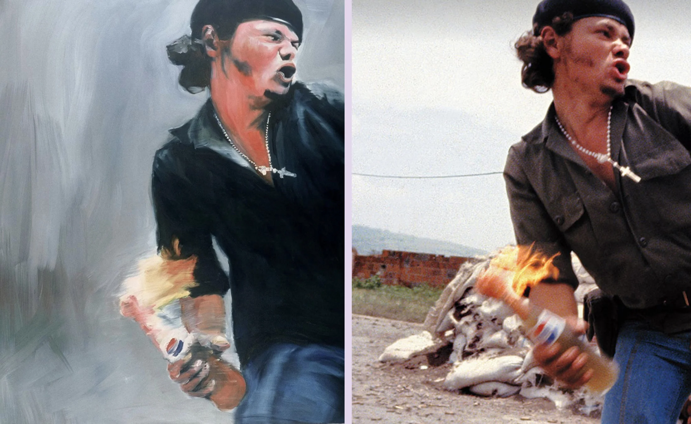 Left: Joy Garnett “Molotov, 2003”, oil on canvas, 70×60 inches. Right: A 5x4 detail from Susan Meiselas’s 3 x 2 35mm photograph of a Sandanista fighter in Nicaragua, 16th July, 1979