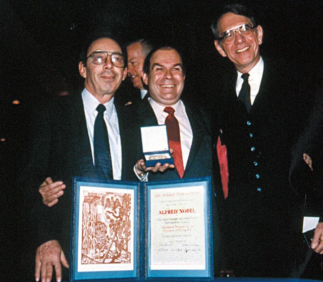 Doctors Jack Greiger, Victor Sidel, and Sidney Alexander at the 1985 Nobel Peace Prize ceremony (PSR)