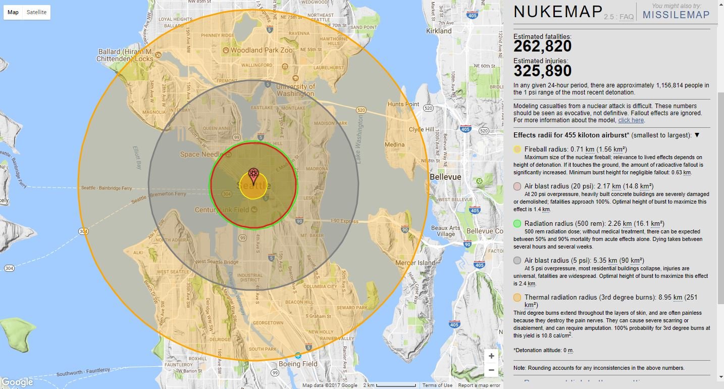  Projected impact and devastation zone of a nuclear detonation in Seattle.  