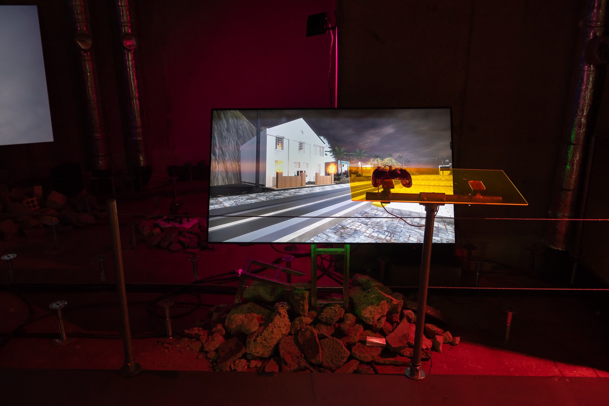 Lawrence Lek, Bonus Levels, 2014. Installation view of Futures Past (2022), arebyte Gallery, London. Image: Max Colson.