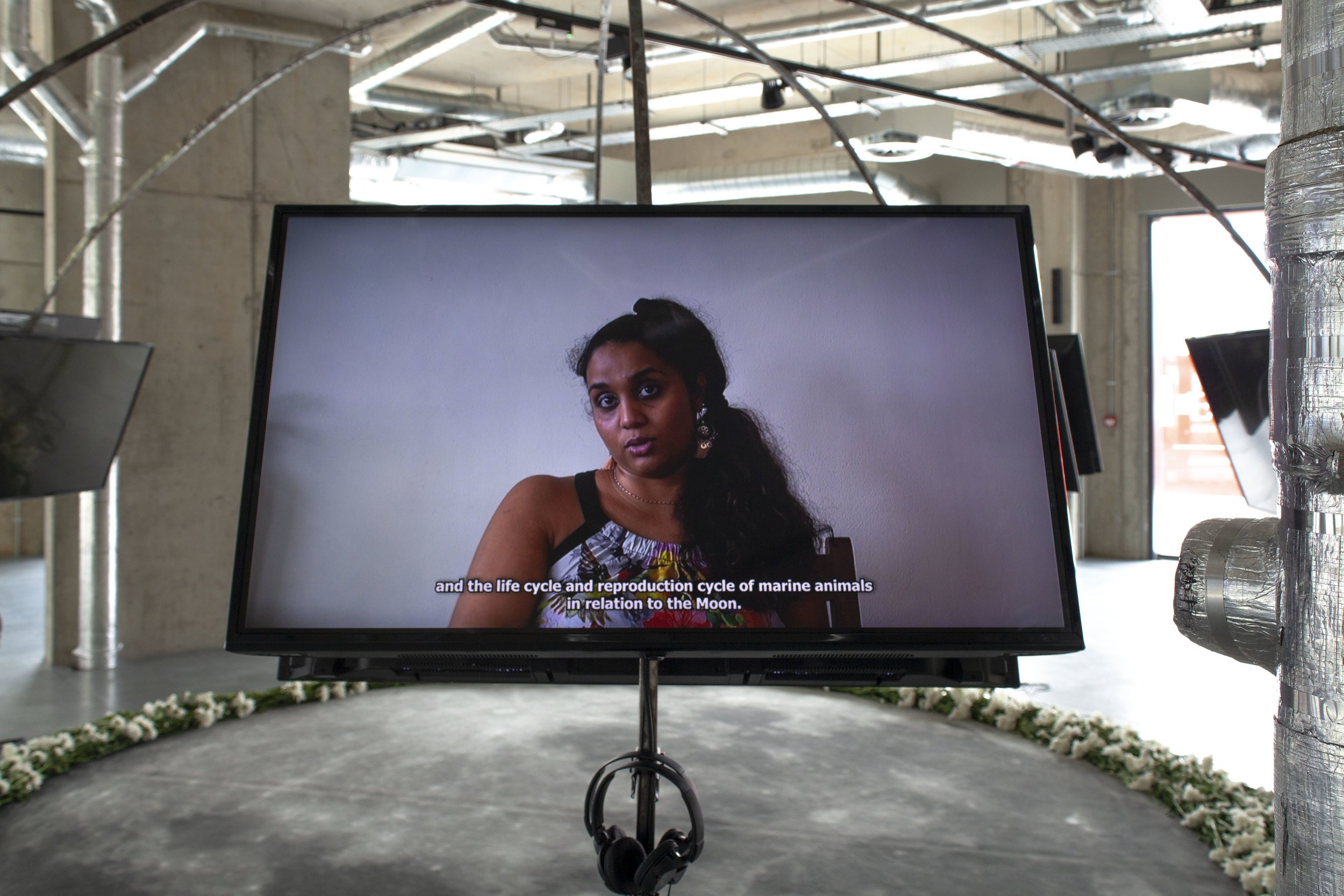 Tabita Rezaire, Satellite Devotion, 2019. Installation view, arebyte Gallery, London. Image: Christopher MacInnes. 