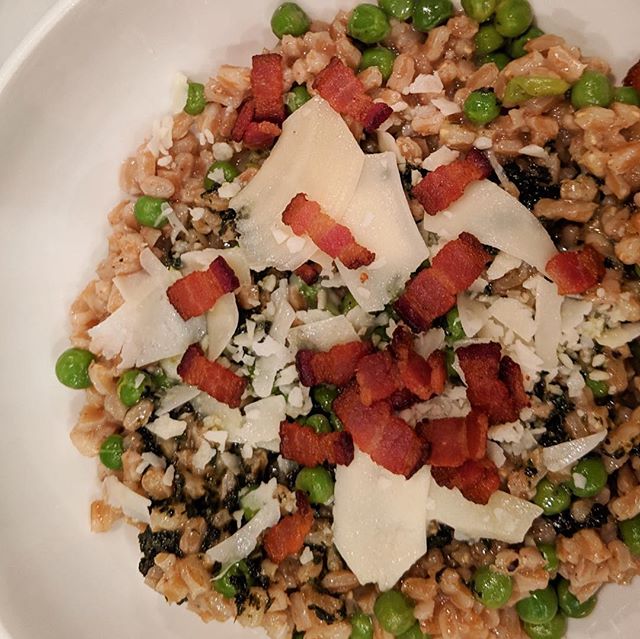 Day 3: To highlight the stock, toasted farro risotto with peas, bacon, Parm, and lemon. #chickendinner