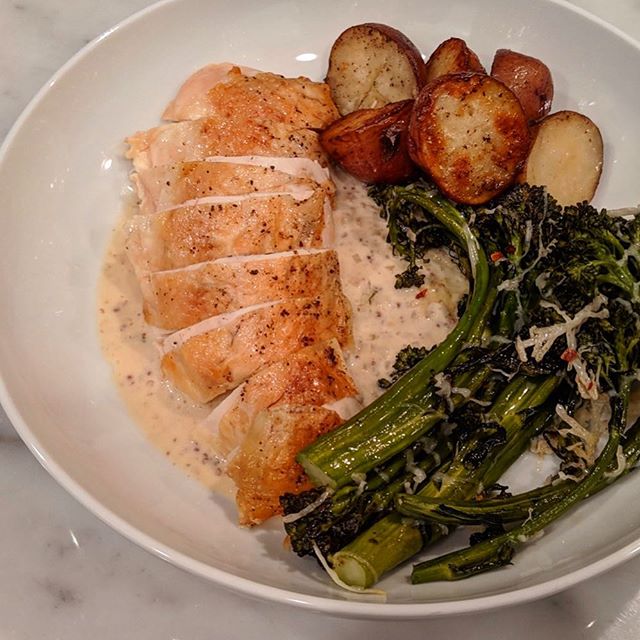 Day 1 dinner: Roasted chicken breast with mustard cream sauce, potatoes, and Parmesan broccolini #chickendinner