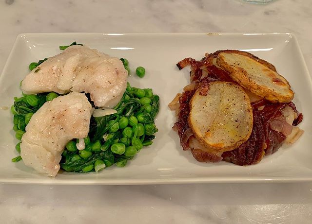 Olive oil poached @sitkasalmonshares halibut morsels with braised peas and spinach, served with lyonnaise potatoes #halibut #sitkasalmonshares