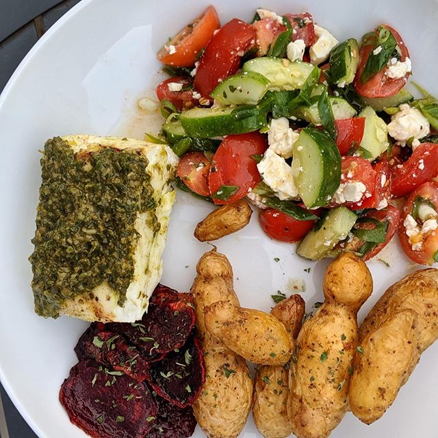 All garden dinner (except for the @sitkasalmonshares, of course!) Greek salad, roasted potatoes, roasted beet coins, and grilled lingcod topped with pesto, all from the garden :) #latesummerharvest