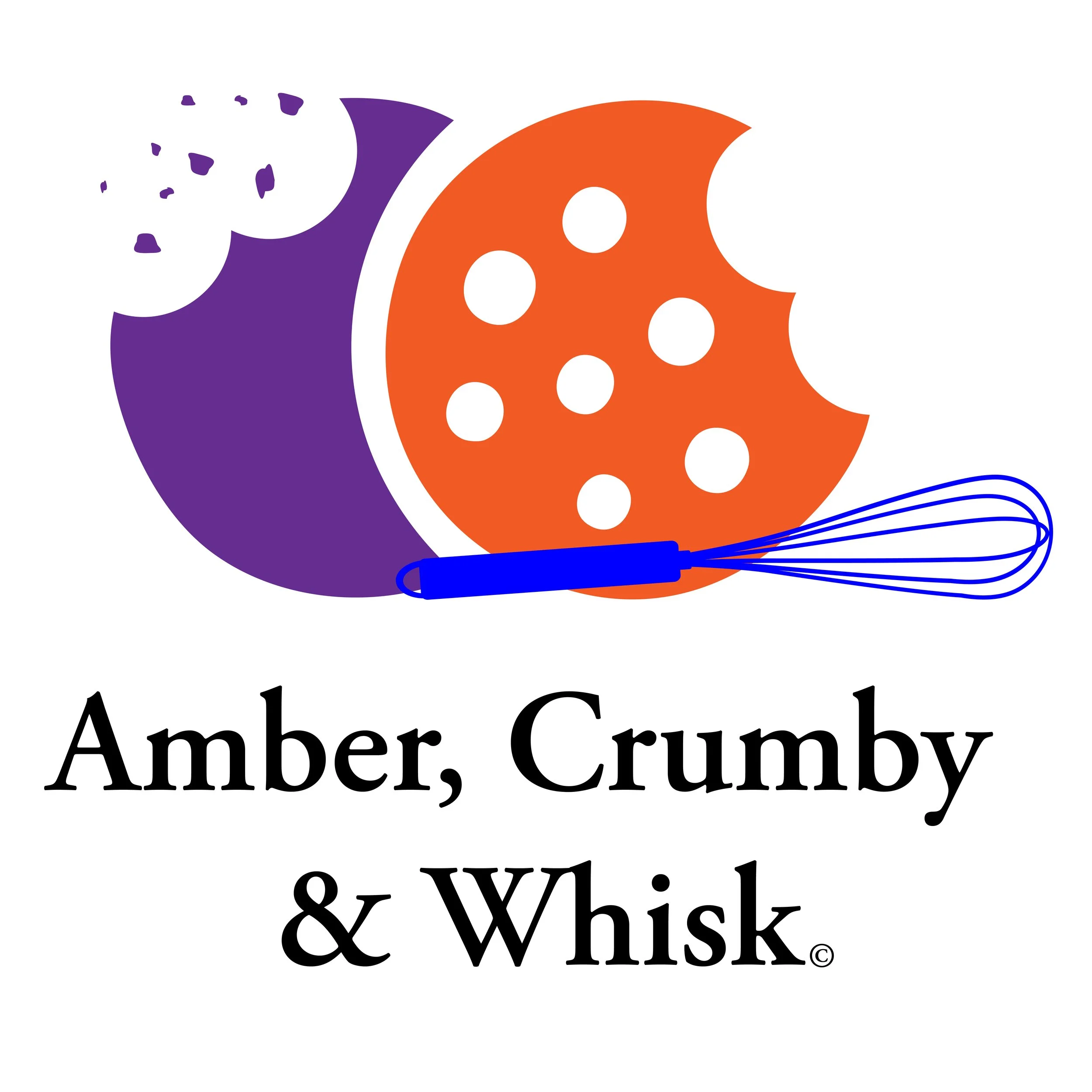 A purple cookie with a bite taken out and crumbs around it with an orange cracker in front, also with a bite taken out.  Laying in front of both is a blue wire whisk.  Below the logo is the name "Amber, Crumby & Whisk"