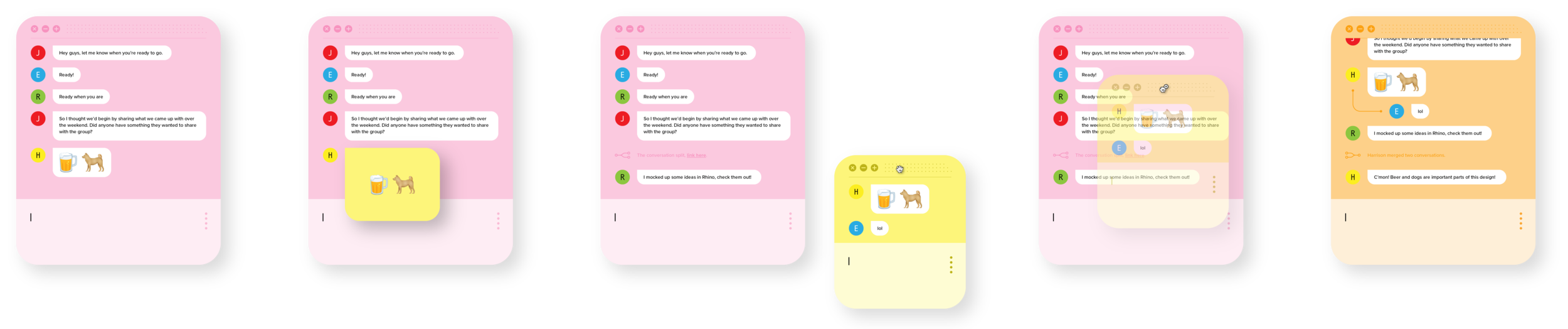 One idea created during the workshop my group lead was conversation merging. Users could diverge or converge messages in a thread in order to simulate side conversation or create harmony while reading. (Graphic by Ellis Anderson)