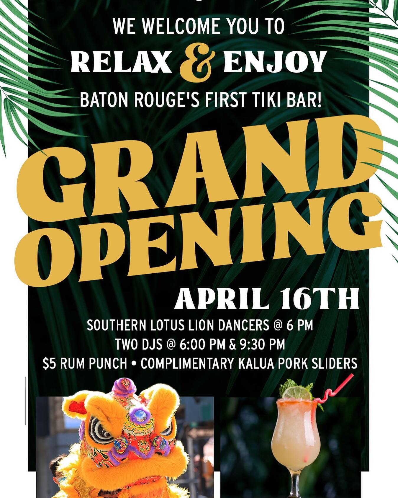 🌴Mark your calendars🌴
We want to celebrate the opening of @drink.lotus the only way we know how&hellip;to throw a tiki party! We&rsquo;re talking free grub from a Hawaiian pig roast, $5 rum punch, two DJ&rsquo;s keeping the party going all night, a