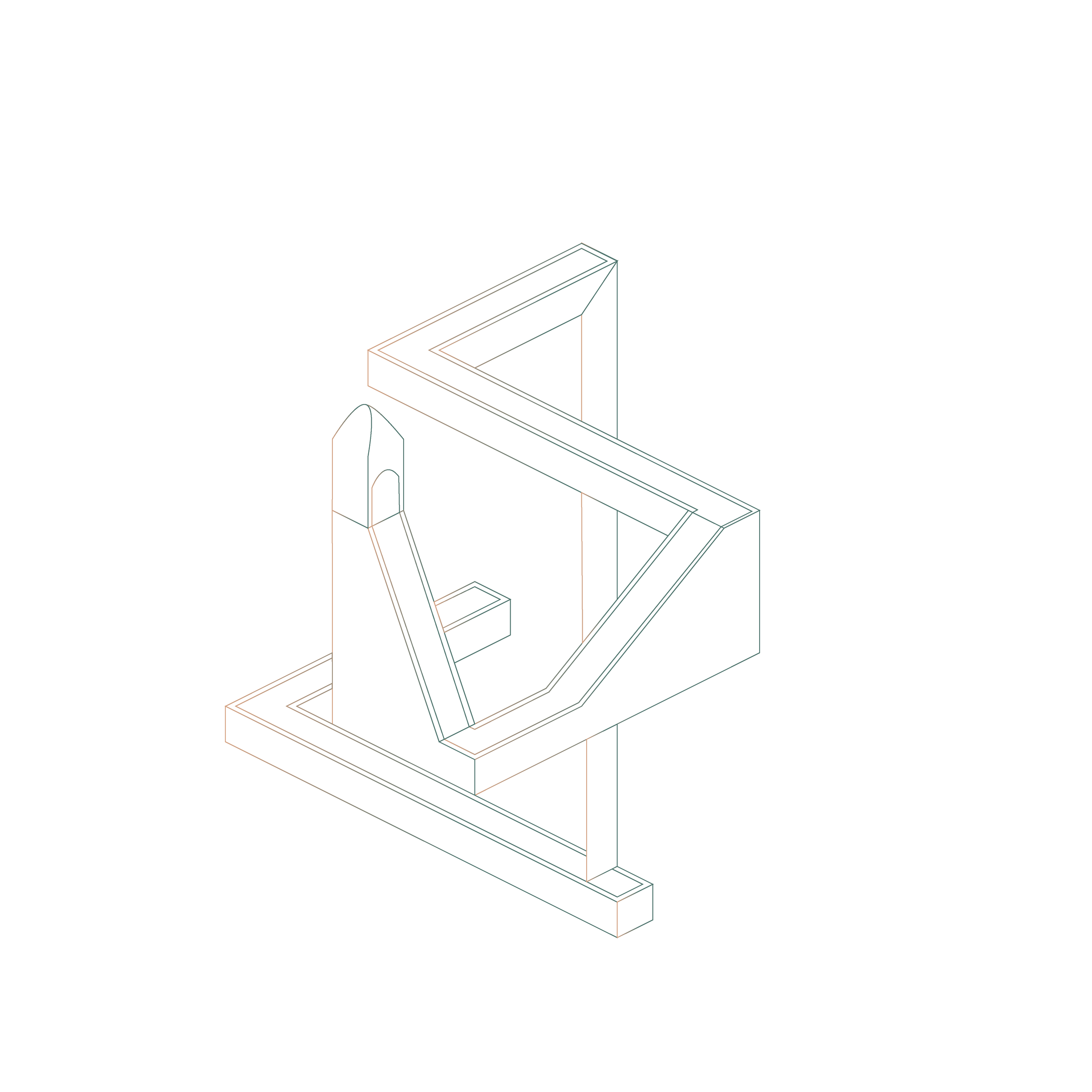 Isometric drawing of a modern architectural structure with clean lines and geometric shapes.