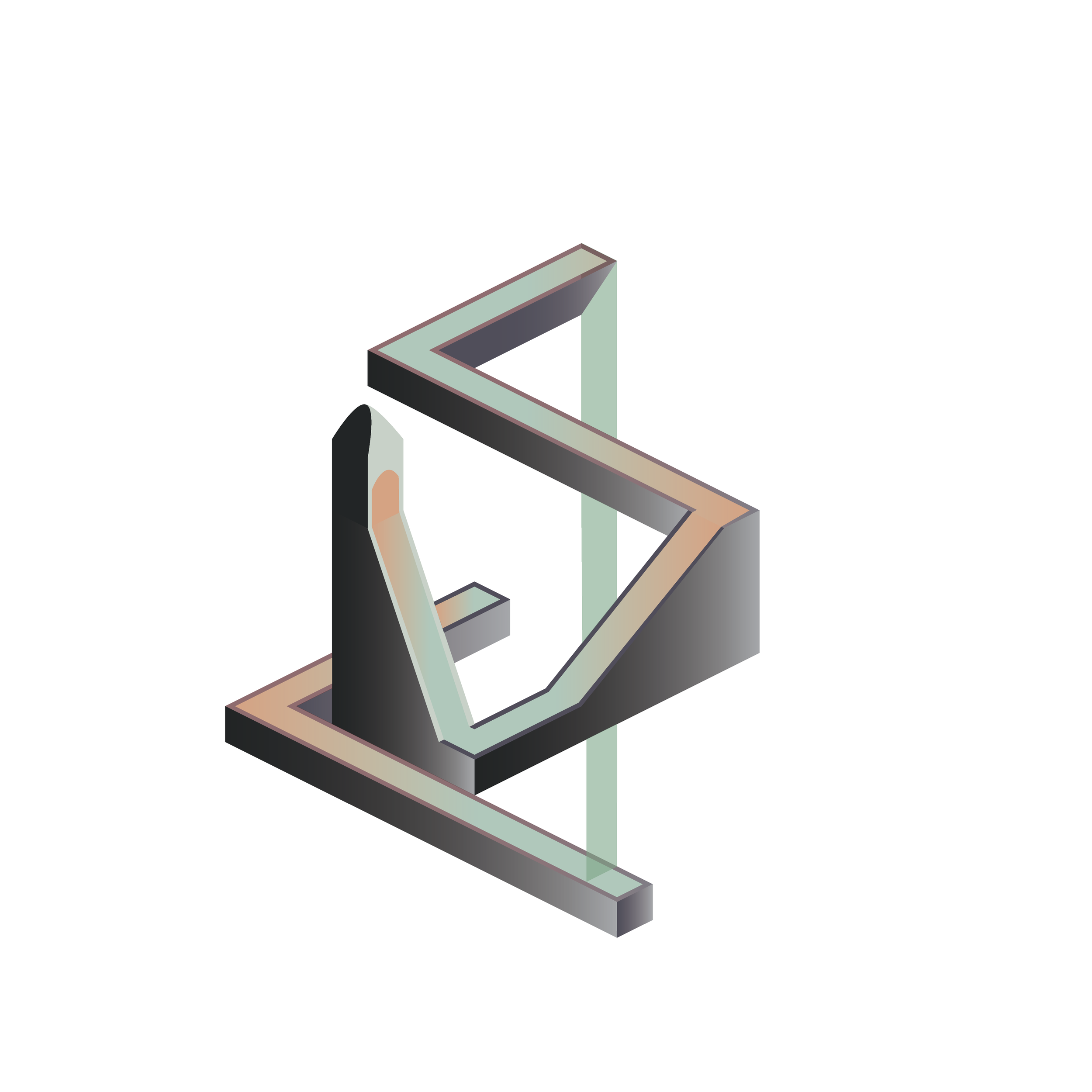 An abstract 3D illustration of a geometric structure with interconnected rectangular and angular elements in shades of black, gray, beige, and mint green.