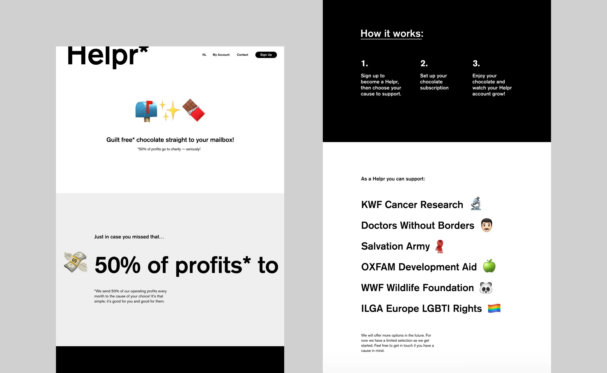  Helpr is a brand with an asterisk; void of the standard commercial polish. To communicate this through the web, the basic aesthetic of the brand was used to create a webpage that almost isn’t a webpage. To target Helpr’s younger market audience emoj