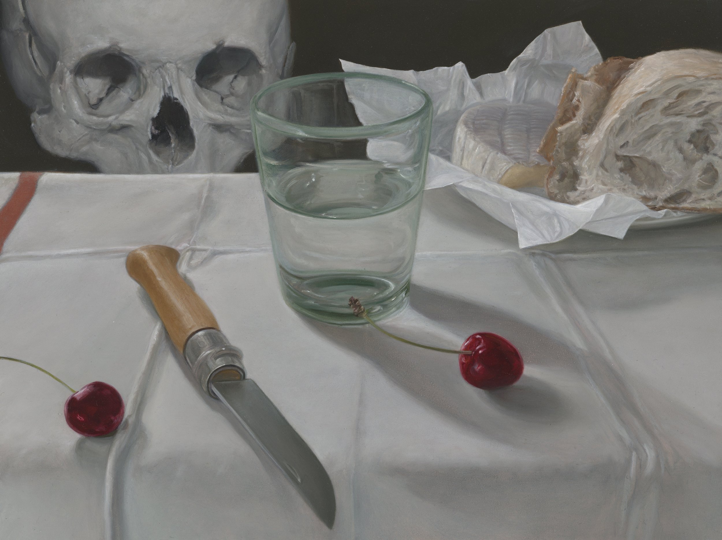  Skull, Glass, Cherries, Knife  Oil on gessobord, 2022  31cm x 23cm  Photo:   Matthew Stanton     