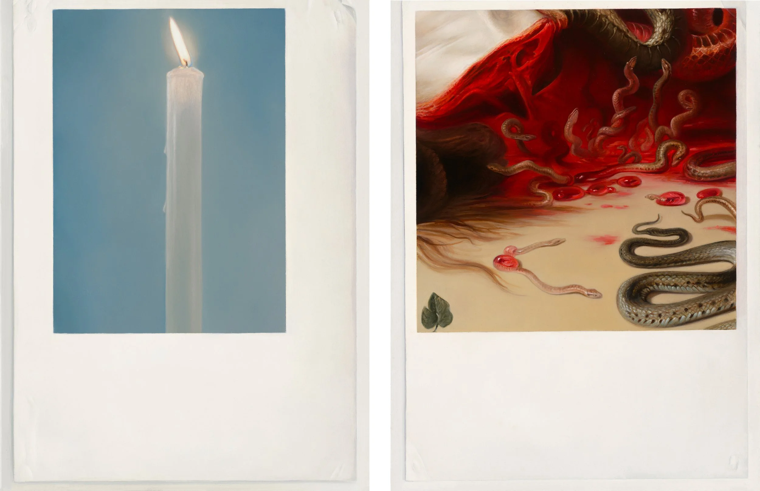 Diptych, printouts: candle and Ruben's Medusa (neck detail) 