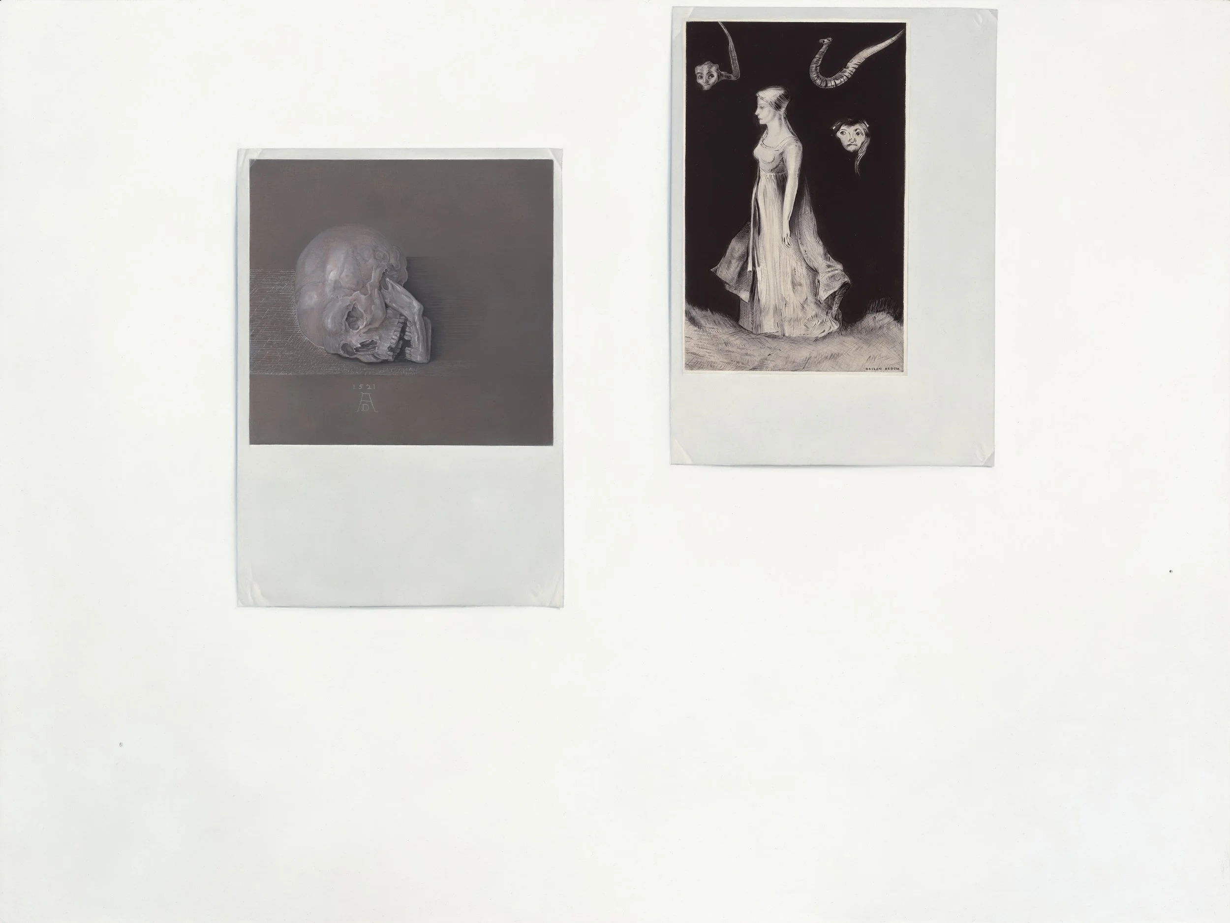 Printouts: Dürer skull (1521 AD),  and Redon haunting
