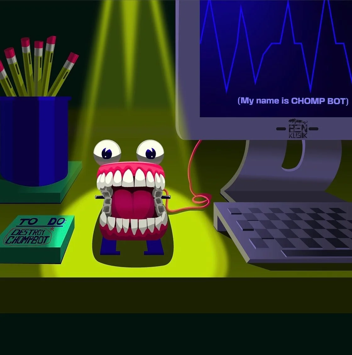 &ldquo;Chomp Bot&rdquo;. This is my idea of what an AI chat bot would be. This is more of a satirical view of AI. Hope you enjoy it. #vector #vectorart #vectorillustration #illustration #procreatedrawing #color #light #ai #aiart