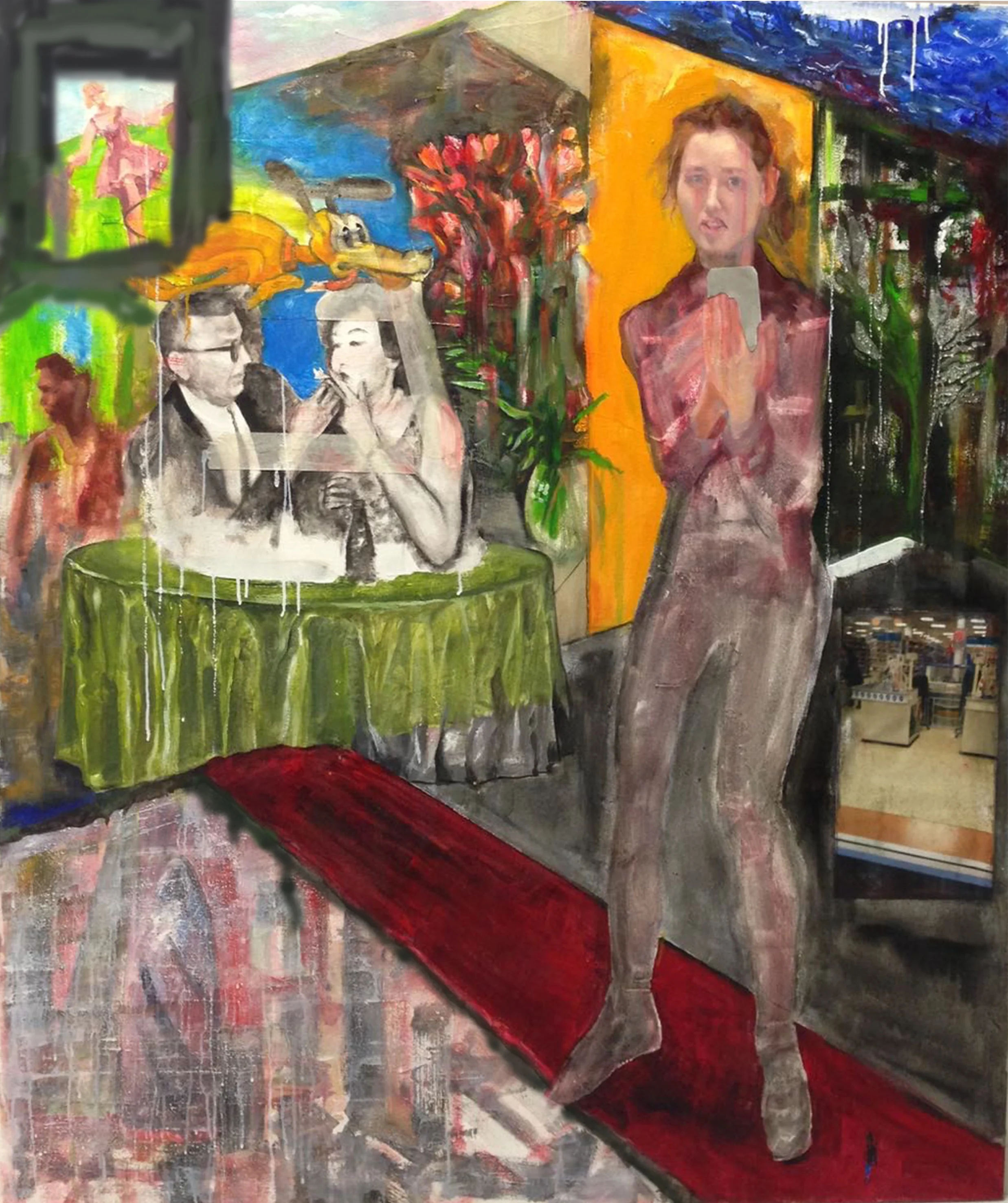7. 'Post-Truth, Brexit etc' - Oil on Canvas . Only available to order as limited colour prints, signed by the artist I was lucky to catch this young woman in a particularly interesting, pensive posture. Preoccupied on her mobile phone she is absorbed in the cyber reality of the internet and social media. Surrounded by multi-truths and fake news. A post truth narrative, this 2017 work references the unfolding of 'Brexit', world economic down-turn, the American election and the advent of socially divided communities.It represents life in the digital era. The tapestry of images in the background behind the woman contrast a very different non-binary world of the 1950's and 60's. The juxtaposition of the black and white imagery of the 50's seated couple provides a stark comparison to modern life. The use of a rough canvas with its thickly applied ground is used to expresses some of the grating issues. The mixed choice of styles in executing the painting was deliberate and seemed right to me for setting out a patchwork narrative rather than a simple linear one.