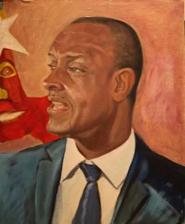 Derrick Anderson CBE- Oil on board, painted from a life sitting at Lambeth Town Hall. The strange looking paper mache figure in the background was made by local school children for 'Reach for the Stars' ceremony that celebrated their achievements. Only colour prints available signed by the artist.