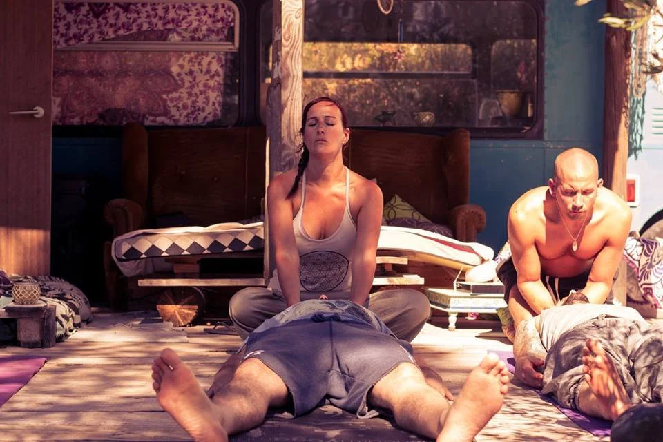 My co-host Caroline of Magnetic Movement giving a shamanic energy healing at our October Portugal retreat
