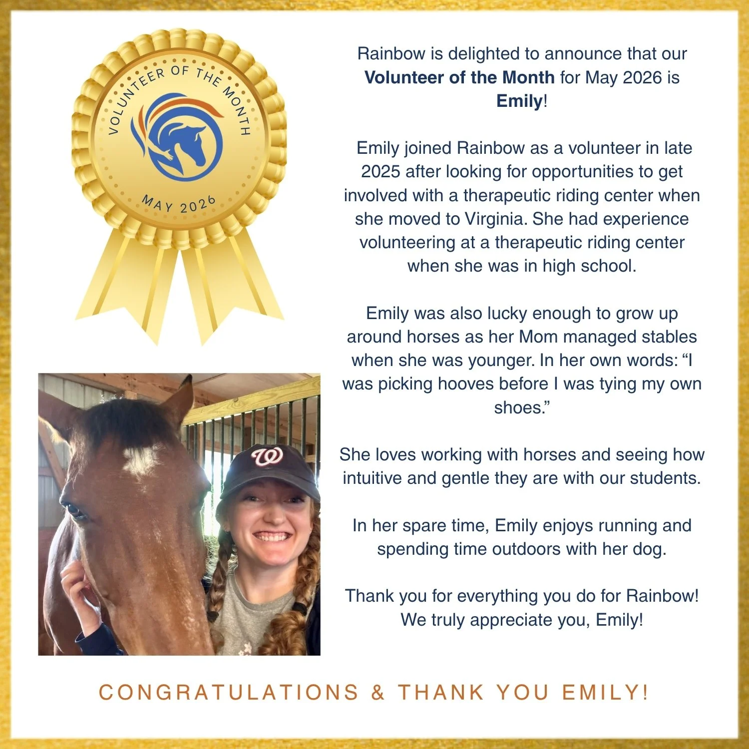 Our Volunteer of the Month for May is Emily!
