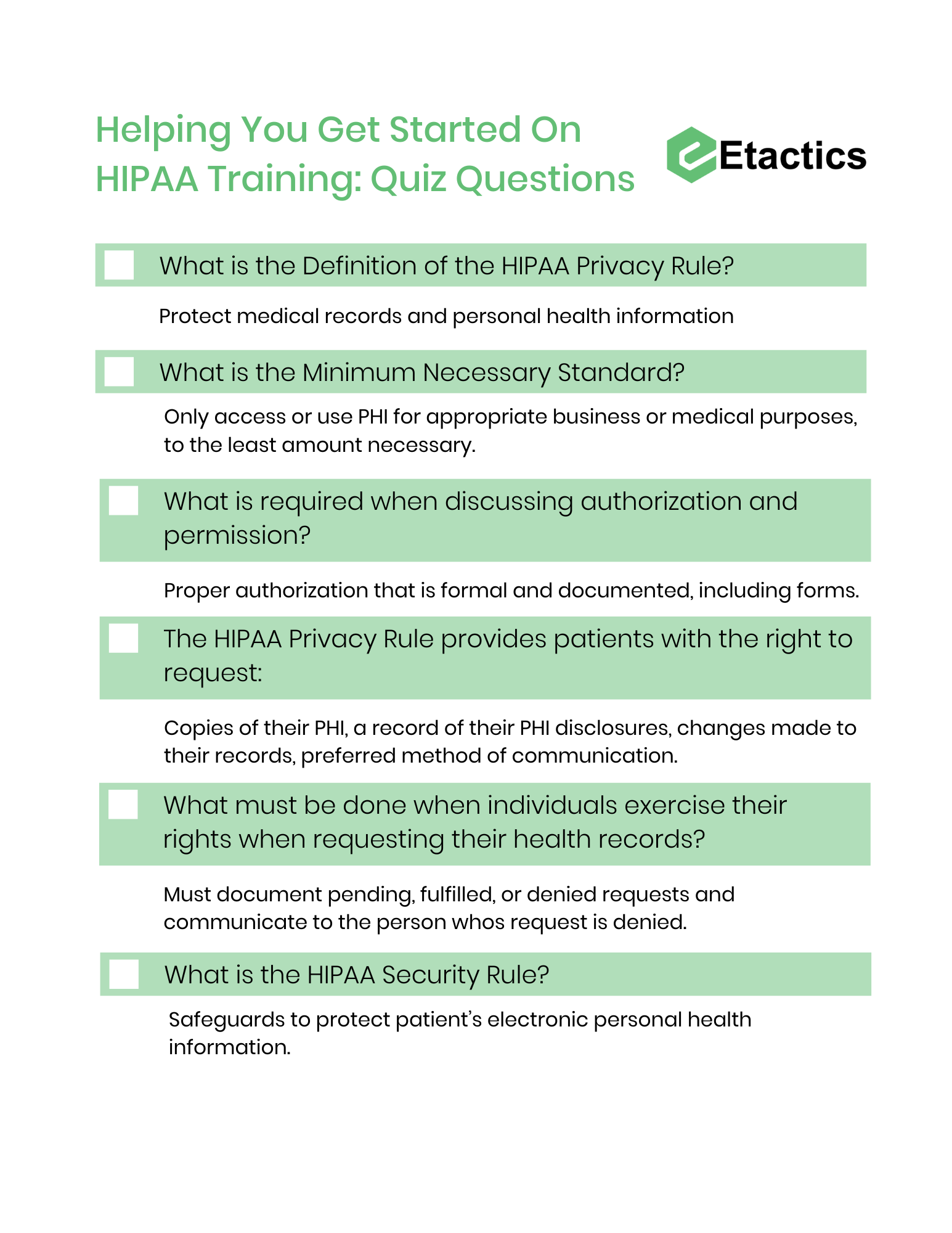 Zuidelijk kosten koppeling 30 HIPAA Quiz Questions — Etactics | Revenue Cycle Software