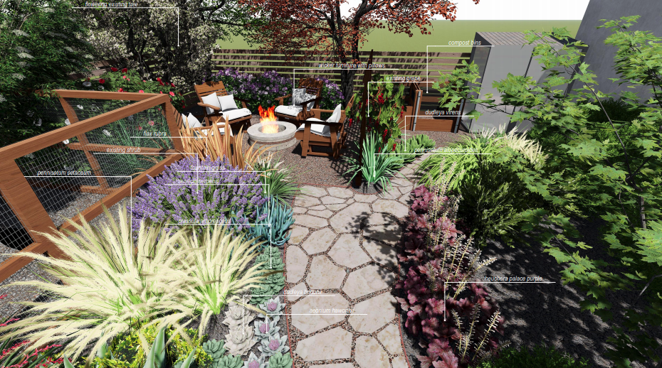 Pathway to firepit seating.