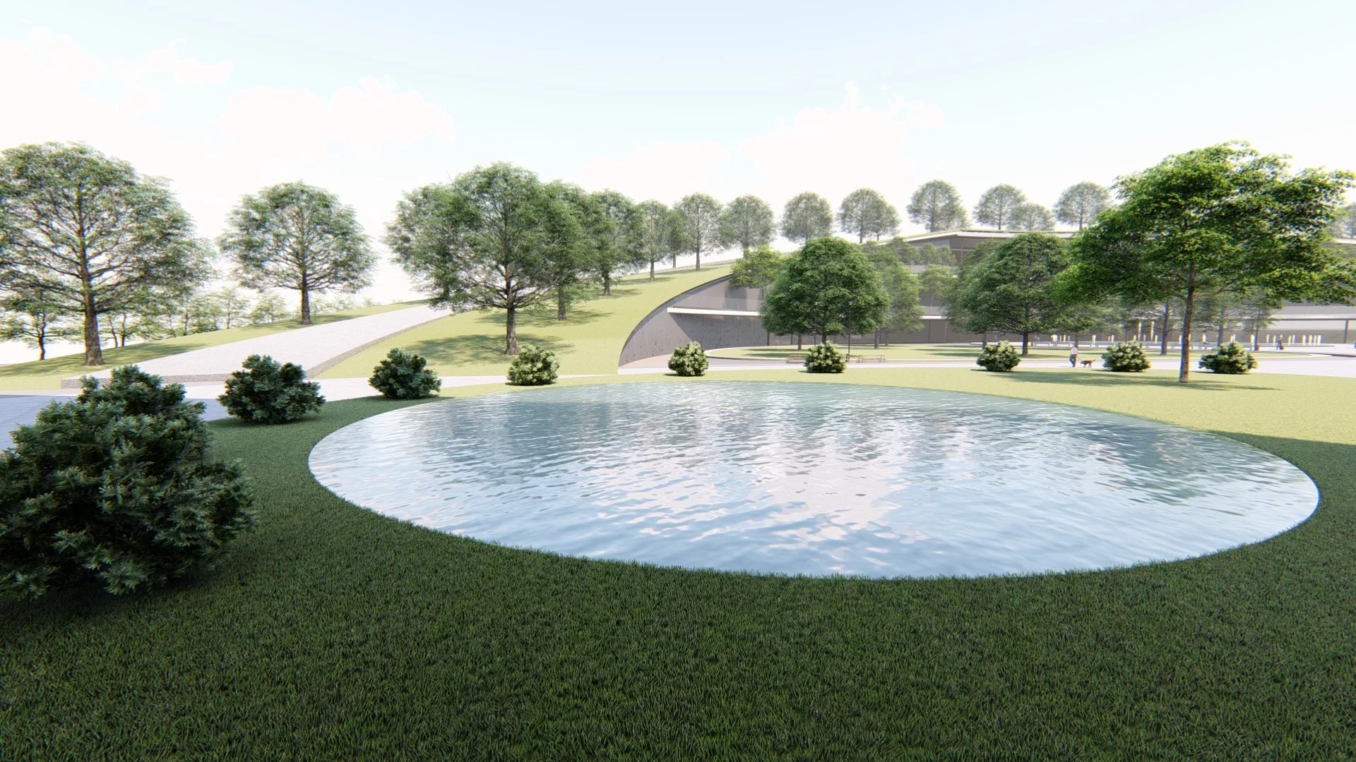 View of the pond amidst the green space.