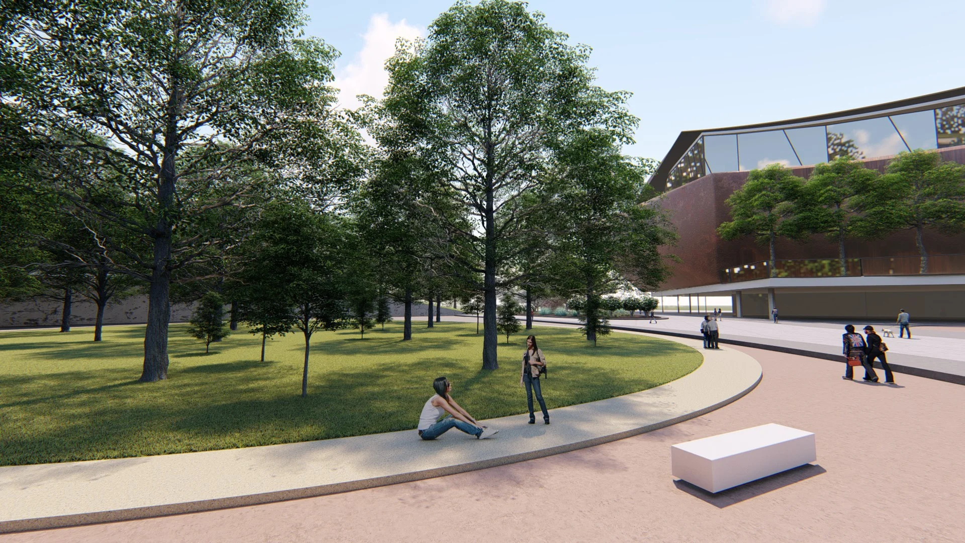 Central green area with public seating.