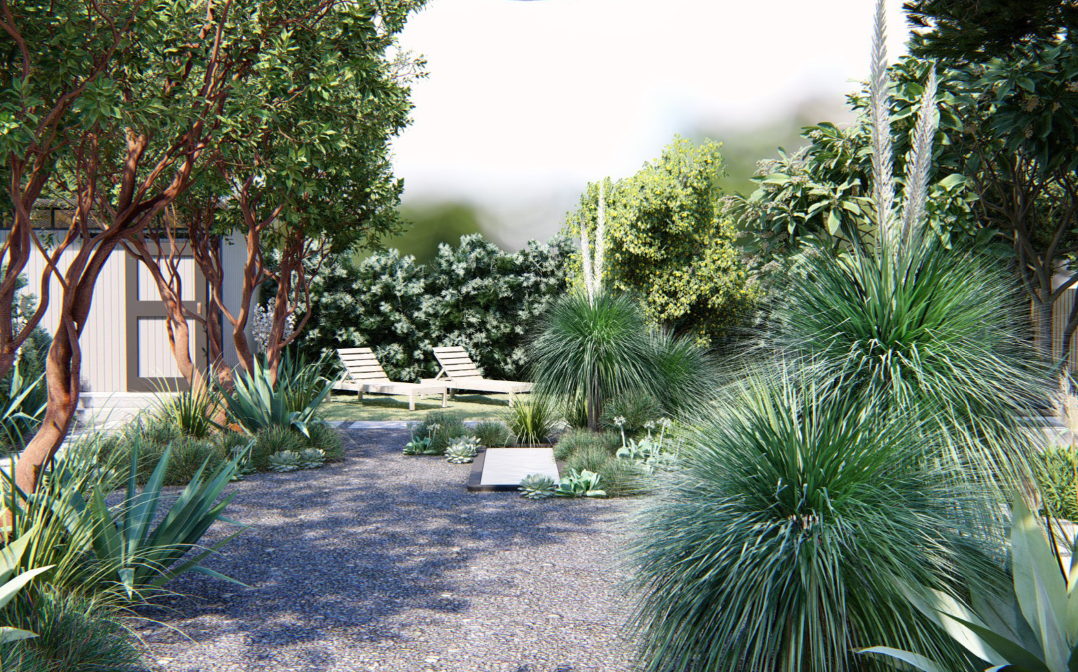 A simple but beautiful concrete trough water feature at the center of the backyard adds to the oasis-like feel of the garden.